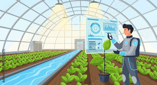 Man in futuristic suit interacting with plant and holographic interface.