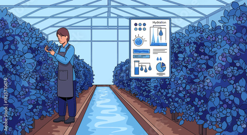 Man in apron examining plants in a greenhouse.