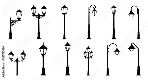 Collection of vintage street lamps in a stark black silhouette