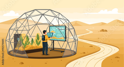 Man in geodesic dome cultivating plants with advanced technology.