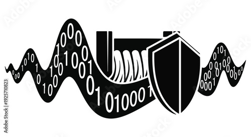 cybersecurity shield protecting binary code data stream