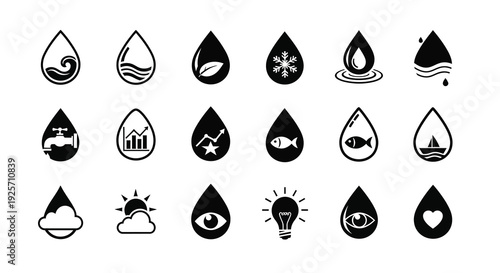 Collection of water droplet icons featuring various symbolic designs silhouette