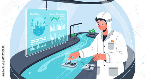 Scientist in cleanroom operating advanced water purification system.