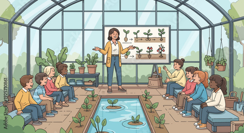 Teacher instructing students about plants in a greenhouse classroom setting.
