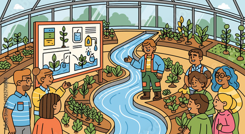 Teacher explaining hydroponics to students in a greenhouse.