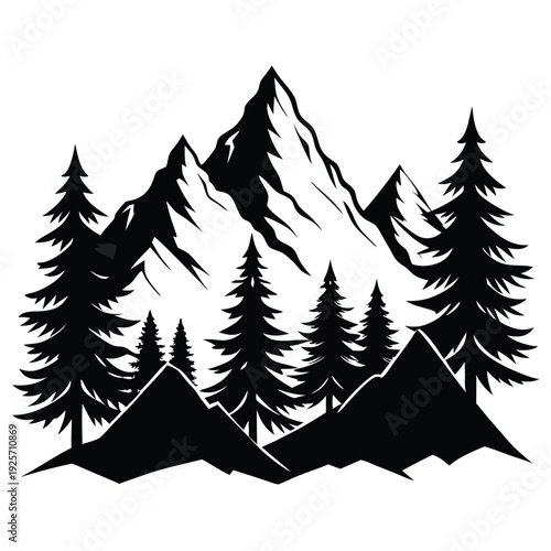 high mountains and evergreen trees silhouette line art vector illustration with a white background