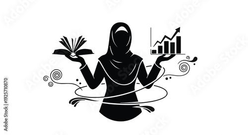 woman in hijab balancing book and business graph
