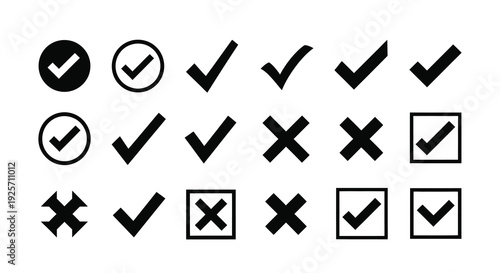 Collection of checkmark and cross icons in black a stark silhouette