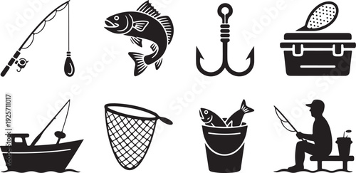 Collection of black silhouette icons depicting fishing rods, fish, hooks, boats, nets, and anglers on a pier