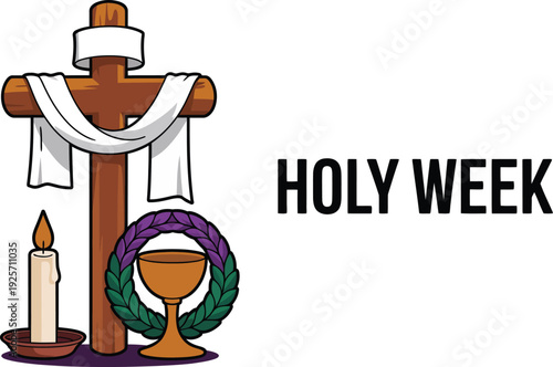 Corpus Christi celebration concept Holy week symbols with cross candle and chalice on purple cloth isolated on transparent background