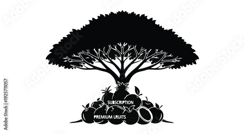 Black silhouette tree on rocks with birds illustration