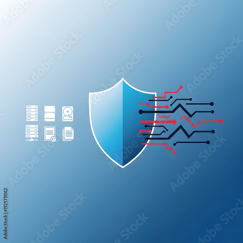 Security firewall shield blocking cyber threats from server infrastructure. Data protection illustration with circuit attack patterns and IT equipment icons on blue gradient background