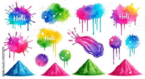 Vibrant holi color powders and paint splatters on white background celebration concept