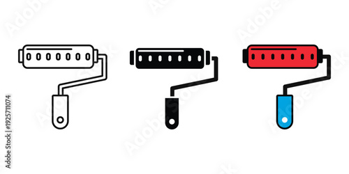 Paint roller icon on Outline, flat and colored style.  constriction tools icons on a white background.