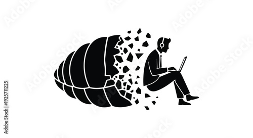 Businessman sitting in a broken eggshell with laptop