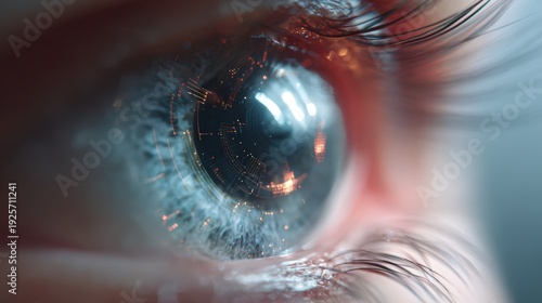 Close-up of a futuristic robotic eye with digital reflections and soft lighting