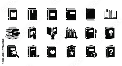 Collection of black book icons and reading symbols a silhouette