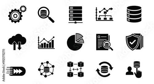 Data analysis and technology icons in a minimalist black silhouette