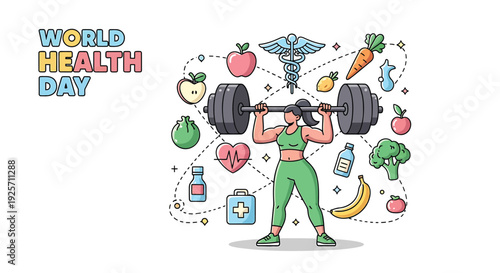 World Health Day icon collection. Includes fitness, nutrition, wellness symbols. Created in colorful line style with multicolor palette
