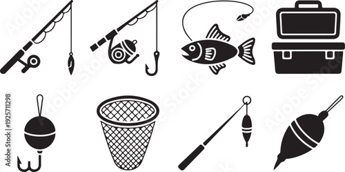 Collection of black silhouette icons depicting various essential fishing equipment and tools on a plain background