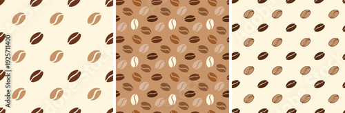 Set of three seamless coffee bean patterns in brown and beige tones, perfect for packaging, textiles and cafe design