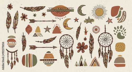 Bohemian Tribal Elements Collection with Dreamcatchers Feathers and Arrows.
