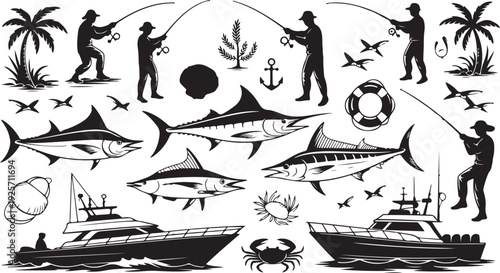 Detailed collection of fishing silhouettes featuring fishermen boats and various sea creatures