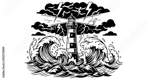Vector illustration of lighthouse during storm at sea, strong waves crashing, lightning in sky, dynamic composition, bold outlines, flat design, limited color palette, dramatic nautical concept