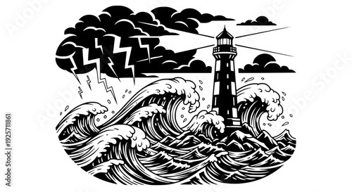 Vector illustration of lighthouse during storm at sea, strong waves crashing, lightning in sky, dynamic composition, bold outlines, flat design, limited color palette, dramatic nautical concept