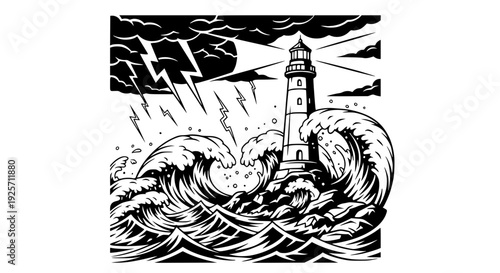 Vector illustration of lighthouse during storm at sea, strong waves crashing, lightning in sky, dynamic composition, bold outlines, flat design, limited color palette, dramatic nautical concept