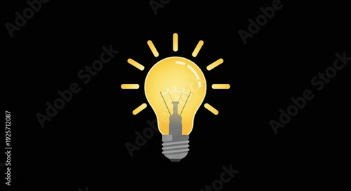 Bright yellow light bulb with rays on black background symbolizing idea and inspiration