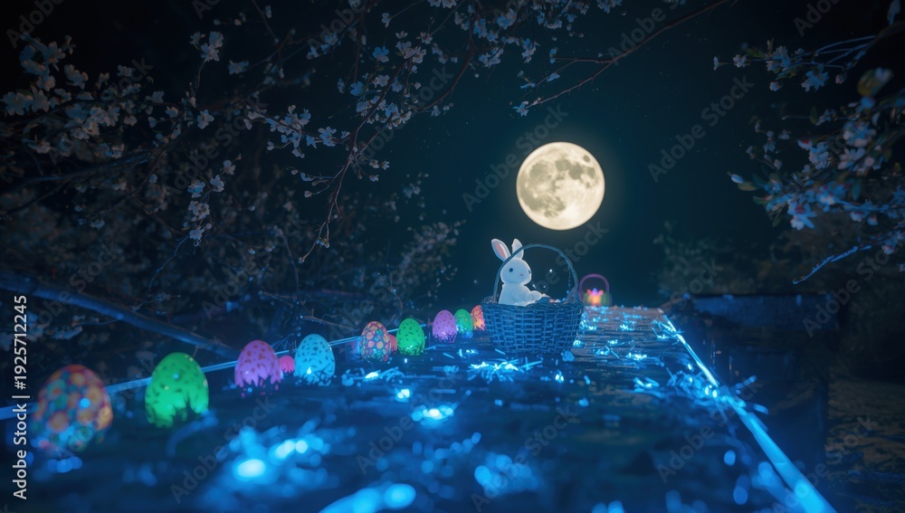 Naklejka premium Glowing easter eggs and bunny in basket under full moon with cherry blossoms glowing eggs