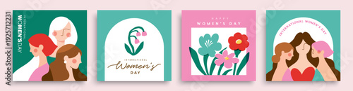 Collection of International Women's Day designs with various vibrant and colorful floral illustrations, featuring bold typography and empowering themes of women.