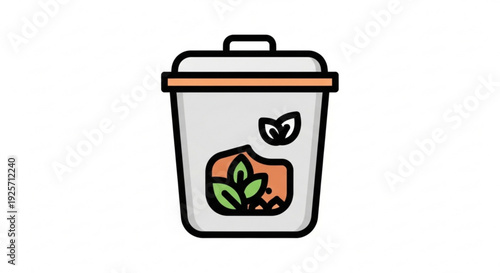 Compost bin with green leaves and orange lid on white background symbolizing eco friendly waste management and recycling
