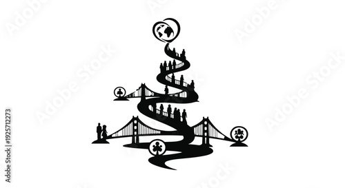 Black silhouette cityscape with spiral road and cryptocurrency symbols