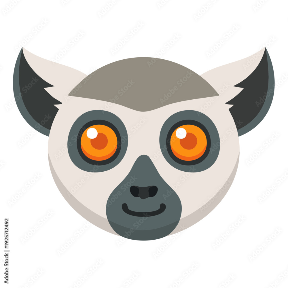 Fototapeta premium A cute cartoon illustration of a lemur's face. The lemur has large, expressive orange eyes and a smiling expression