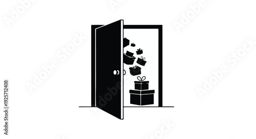 Black open door with gift box and confetti