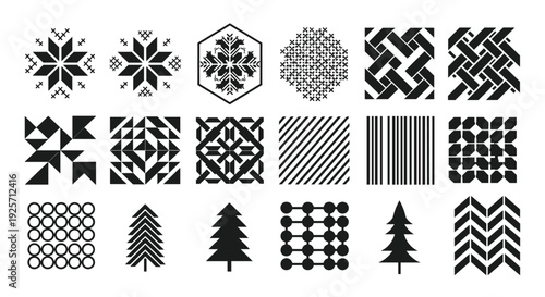 Set of black and white geometric patterns and icons inspired by Scandinavian folk art, featuring snowflakes, trees, and abstract shapes.