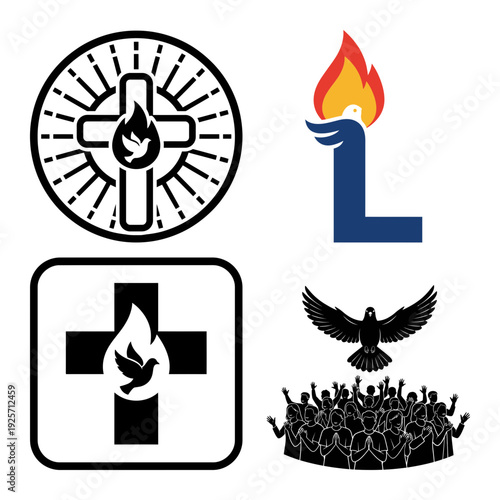 Pentecost Badge Icon Bundle with Shield Dove Handshake Emblem and Small Sacred Flame