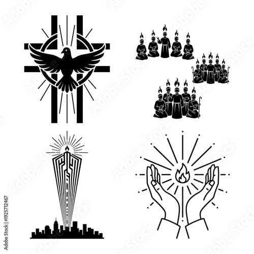 Pentecost Stained Glass Icon Bundle with Holy Spirit Dove Inside Sacred Flame Window