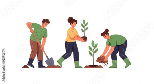 People planting a tree together in garden with shovel and soil teamwork and environmental conservation concept