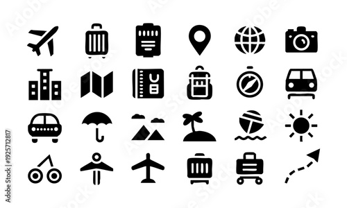 Transportation and tourism glyph icons isolated on white background vector illustration. easily editable.