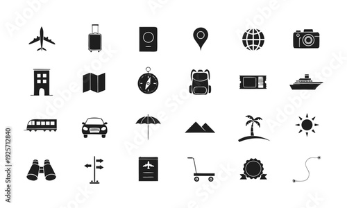 Travel glyph icon set with transportation tourism and vacation symbols vector illustration. easily editable.