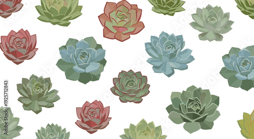 Stylized succulent plants in muted shades of green, blue, and pink create a modern and trendy seamless botanical pattern.