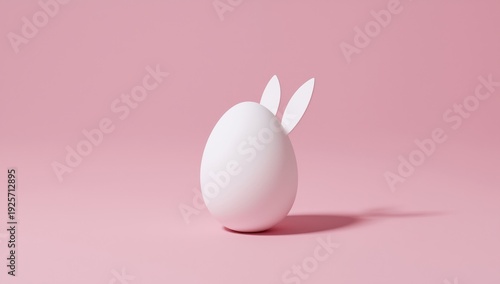 White egg with bunny ears on pink background Easter