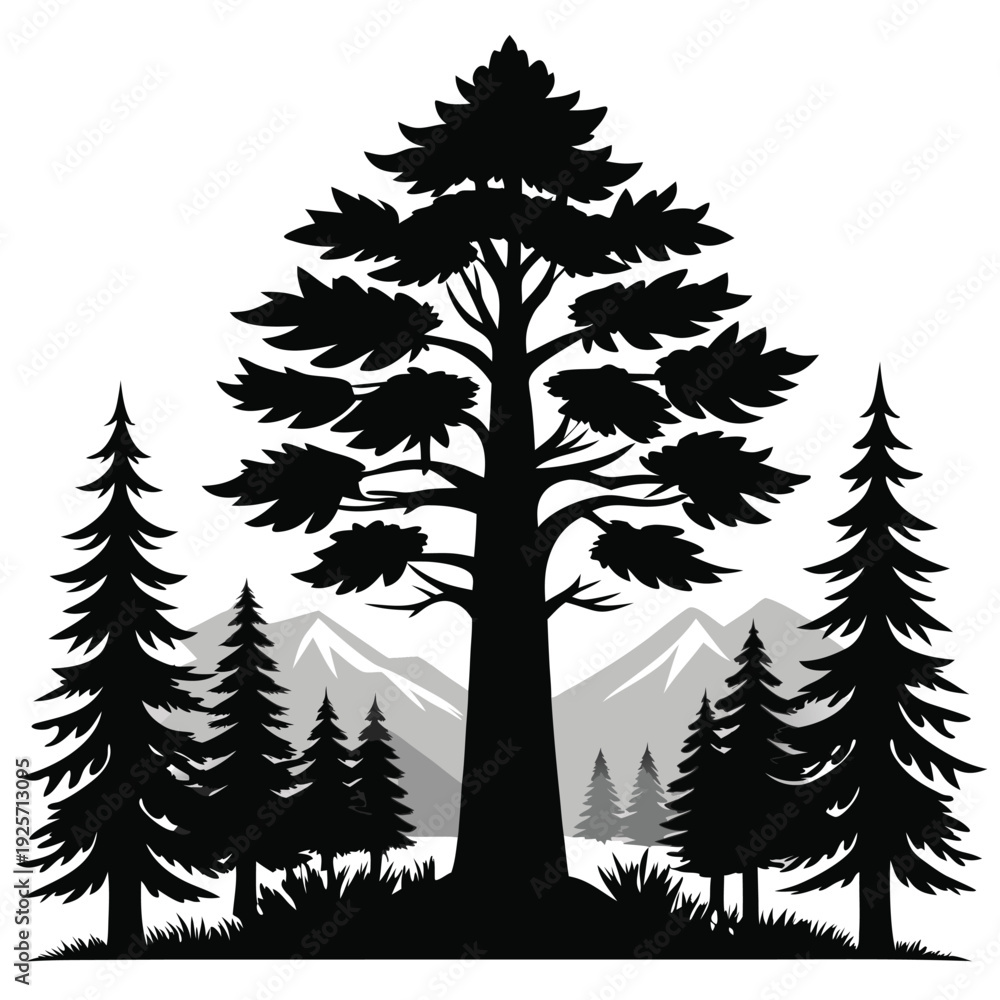 Fototapeta premium giant tree pine forest silhouette line art vector illustration with a white background
