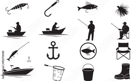 Extensive set of black silhouette icons illustrating various fishing gear and anglers in different situations