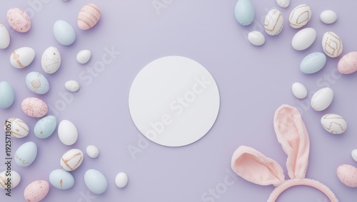 Pastel easter eggs and bunny ears on purple background with white circle pastel colors