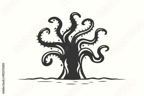Scary Sci-Fi Alien Monster Silhouette with Wriggling Tentacles Vector