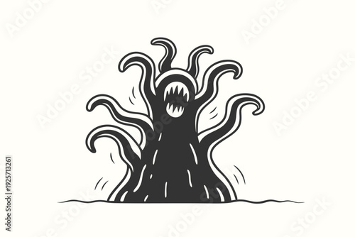 Black Silhouette of an Eldritch Horror Monster with Waving Tentacles